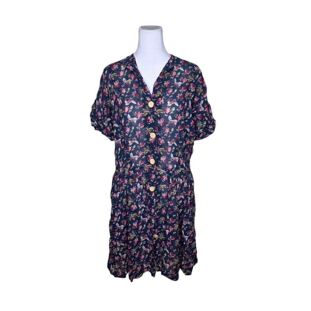 Banana Republic Vintage 90s Rayon Shirt Dress Floral Womens Size S Navy Blue Gru